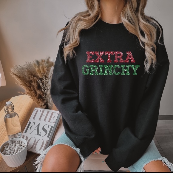 Extra Grinchy Holiday Christmas Sweater Crewneck Black Unisex Sizes NWT - Picture 2 of 3